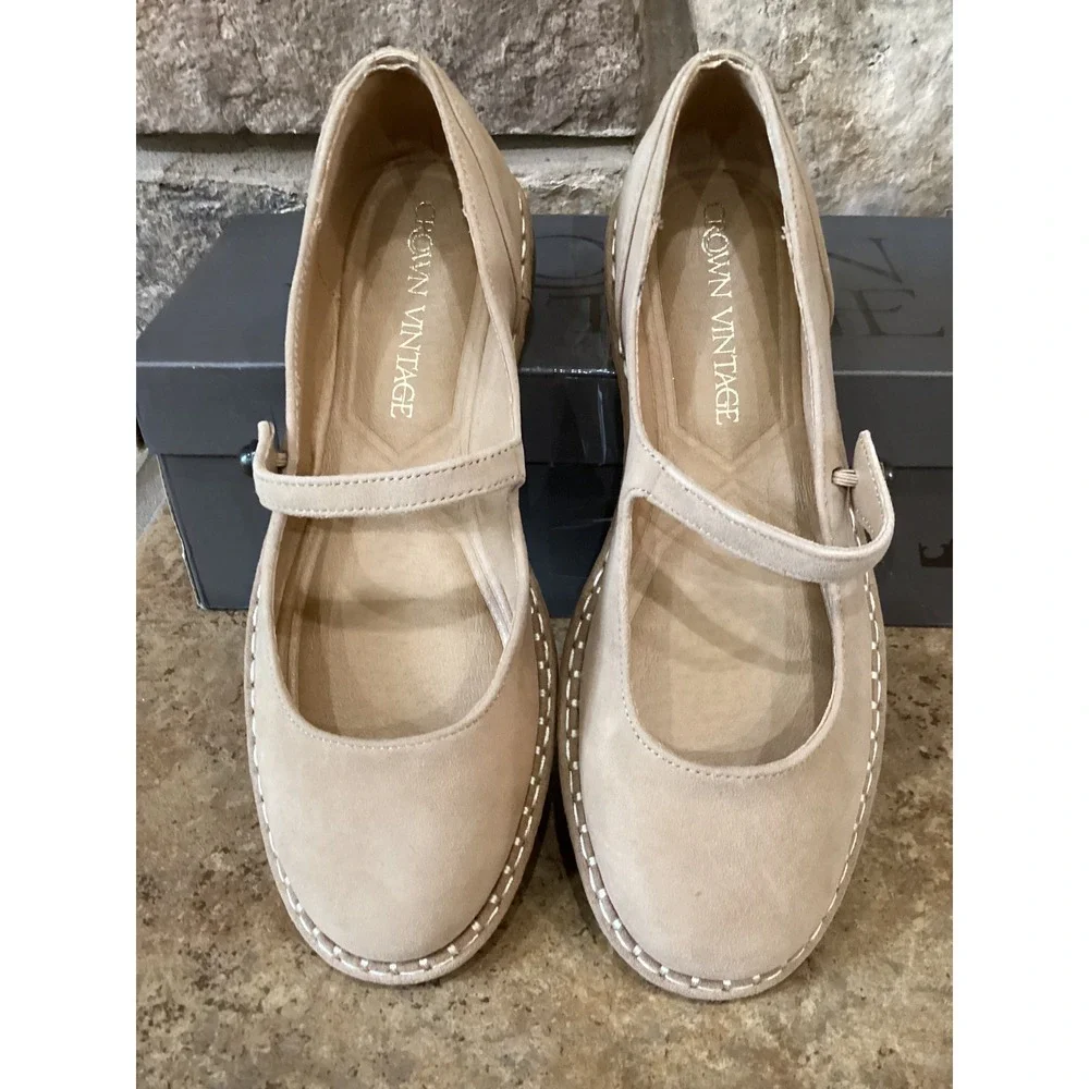 Crown Vintage Famela Womens Size 6.5 Mary Jane Suede Flats Earth Tan New
